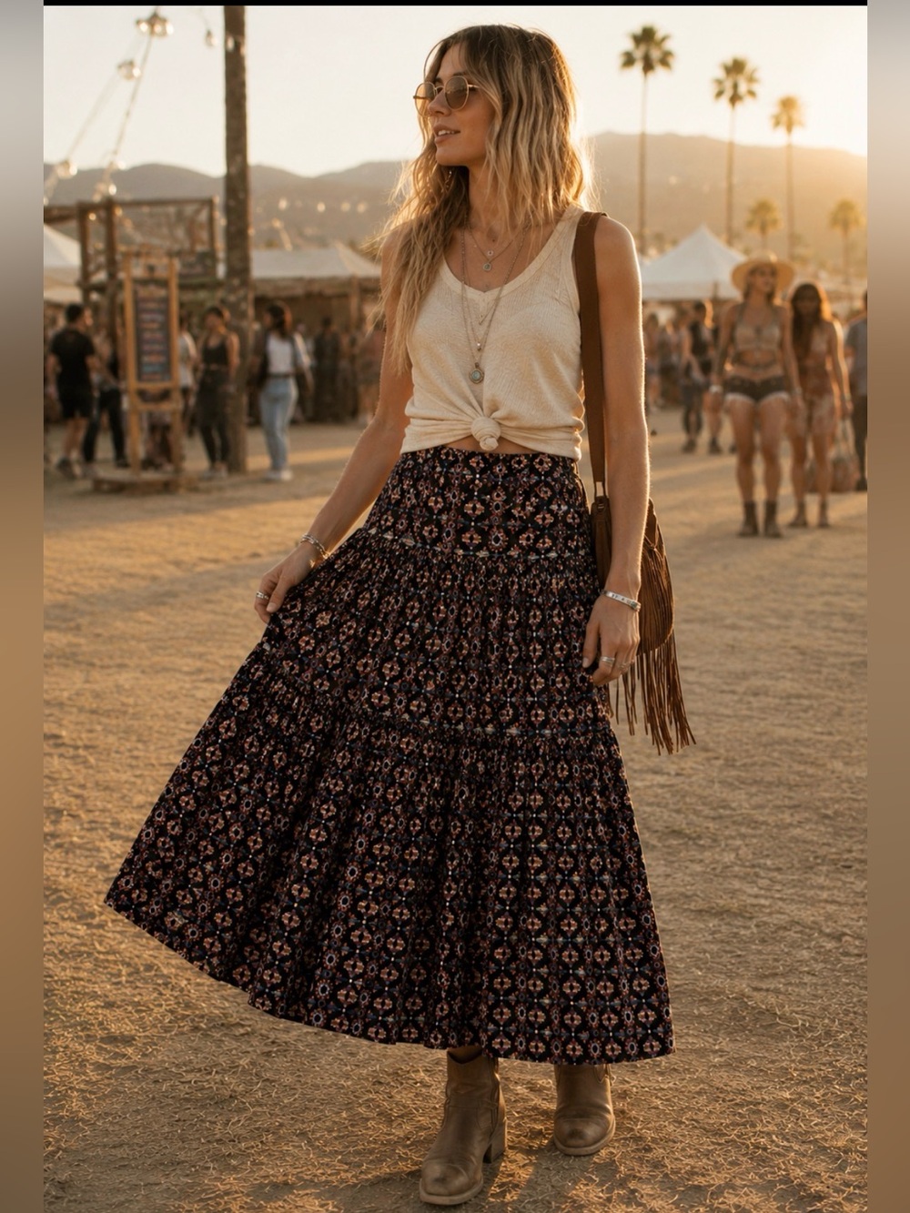 Blu Moon Boho Tiered geometric print Maxi Skirt navy blue festival made in USA M